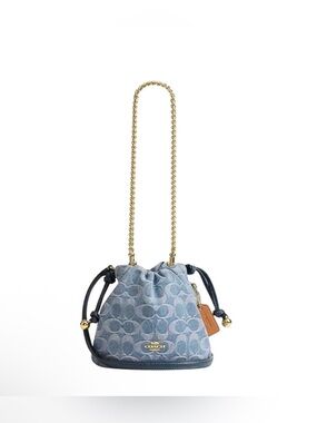 NEW Coach Faye Mini Denim Dual Strap Chain & Leather Drawstring Bucket Bag